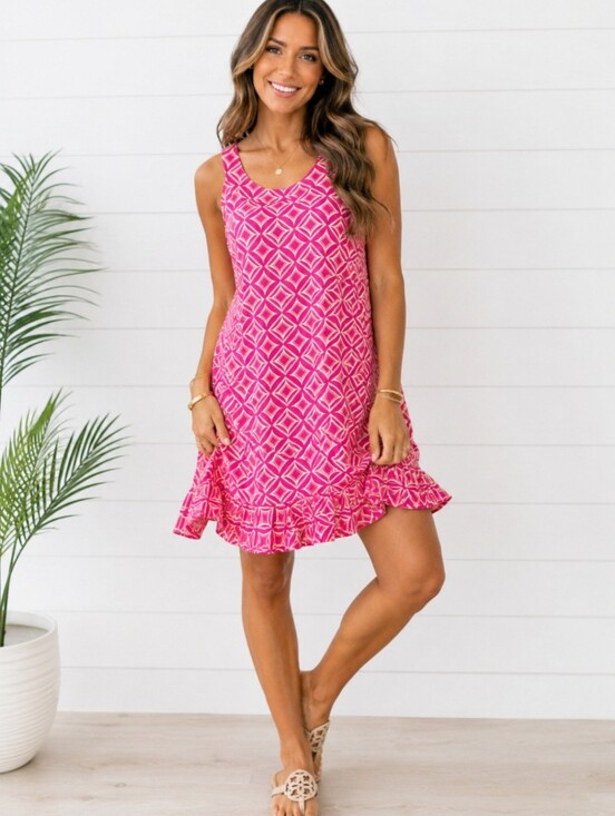 Lulu-B Dresses & Skirts - Lulu-B Women's SZ Large Pink Geometric Ruffle Hem Dress Stretch Coastal Grandma